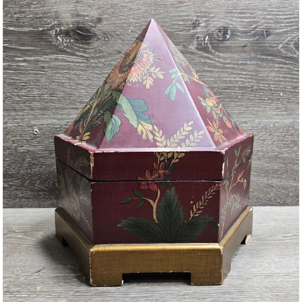 Vintage Chinoiserie Pagoda Wood Octagon Floral Trinket Jewelry Box Burgundy Gold
